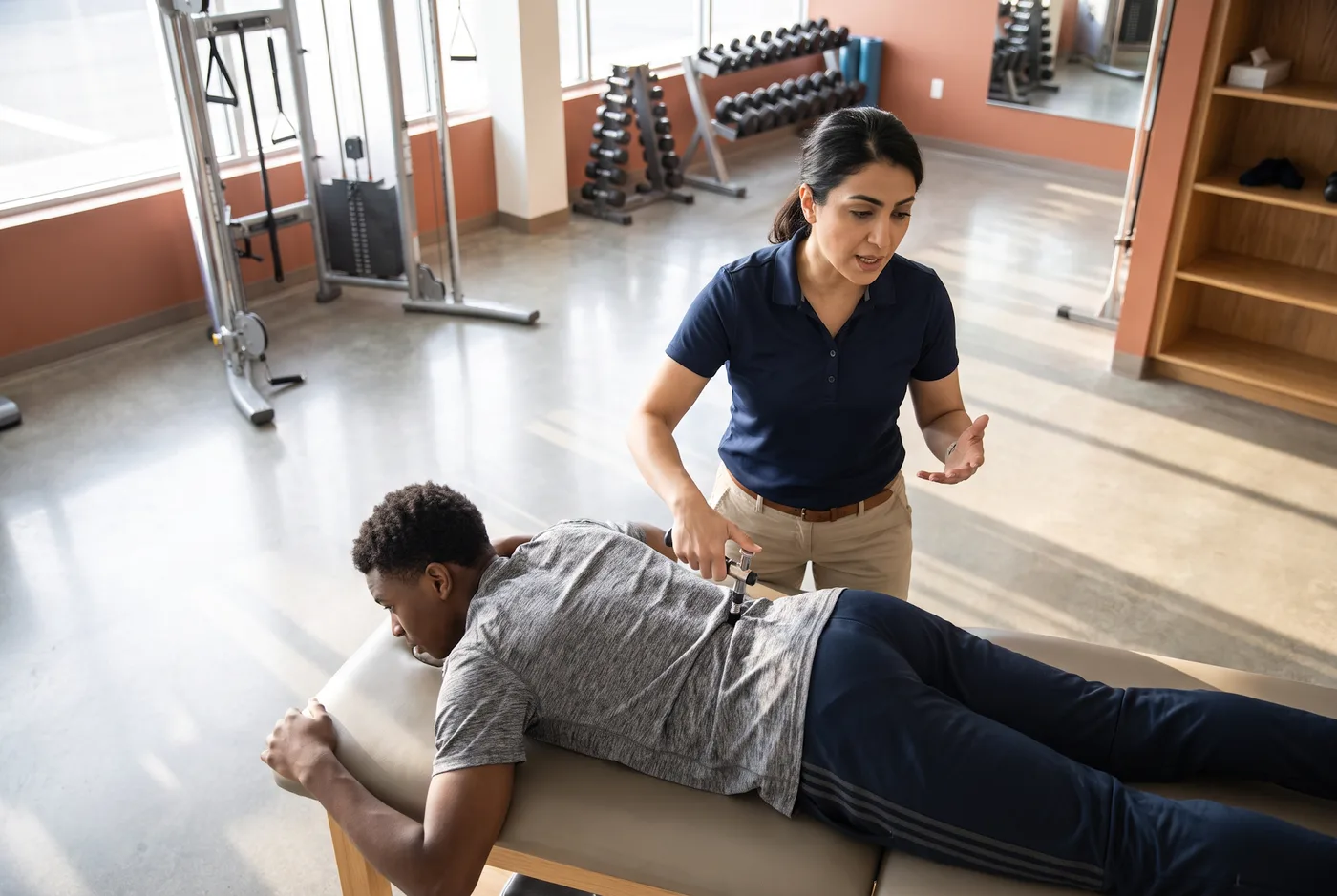 A physical therapist using a hands-on adjustment tool with a patient