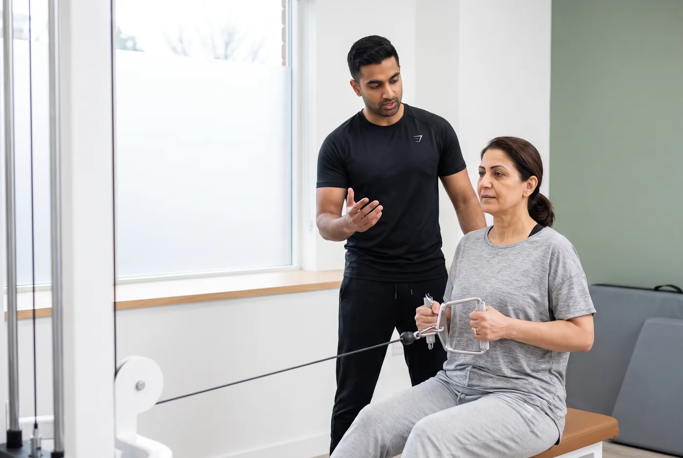 A physical therapist coaching a patient through resistance training on a cable machine