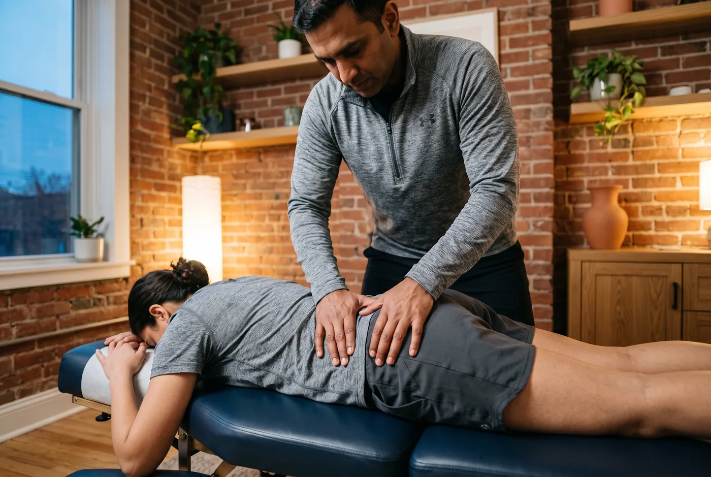 A physical therapist providing hands-on manual therapy during a one-on-one session