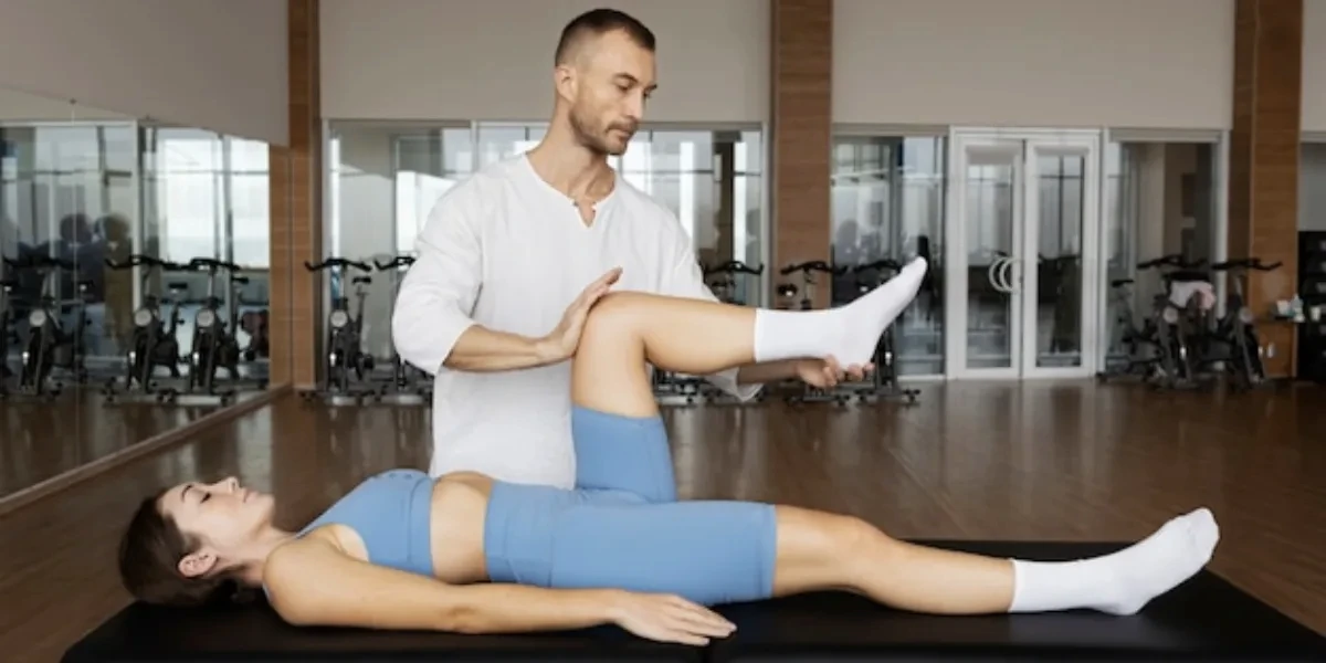 Physical therapist guiding an athlete through single-leg ACL rehab exercises