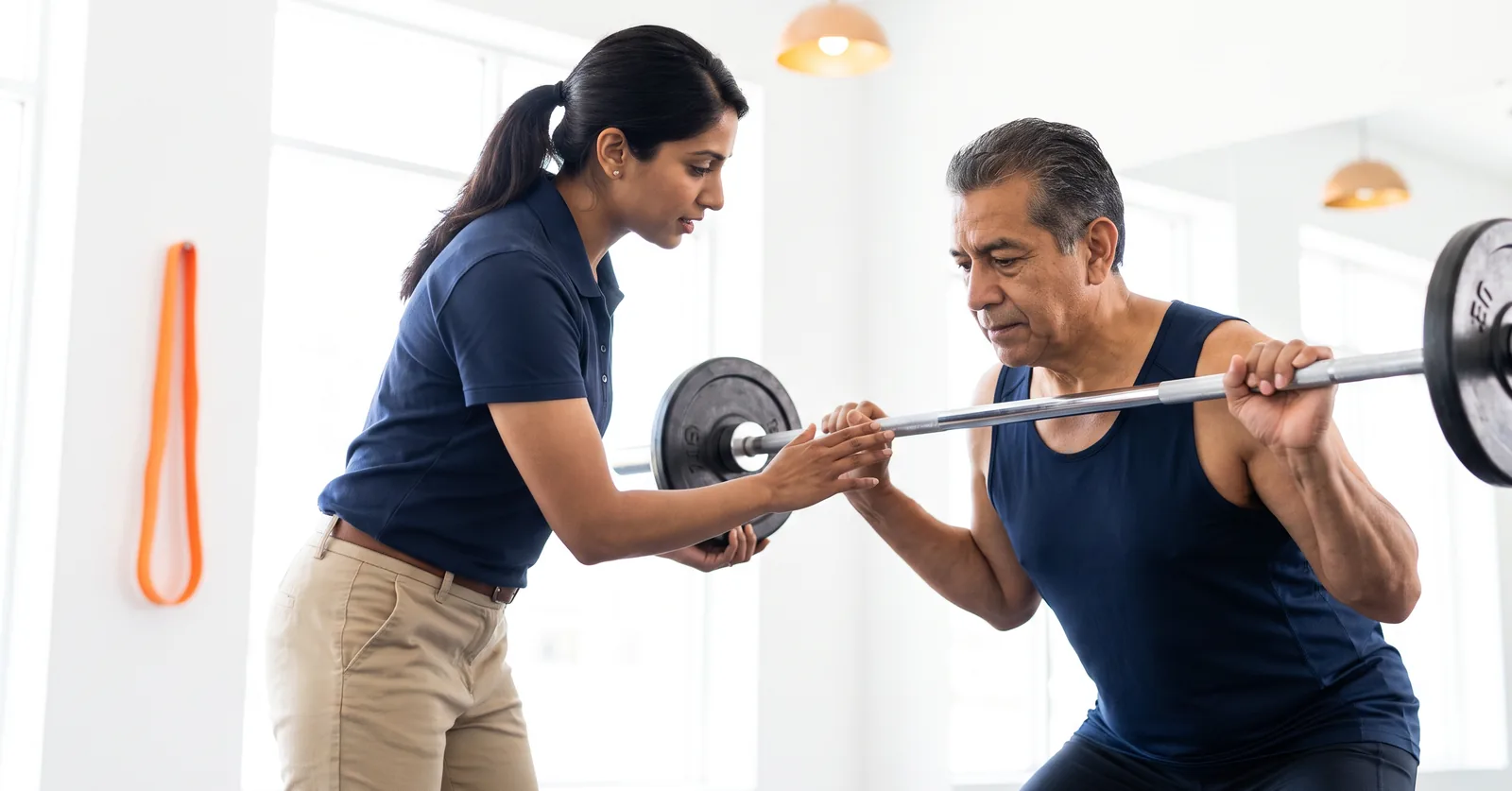 Trainer coaching a client through a barbell squat