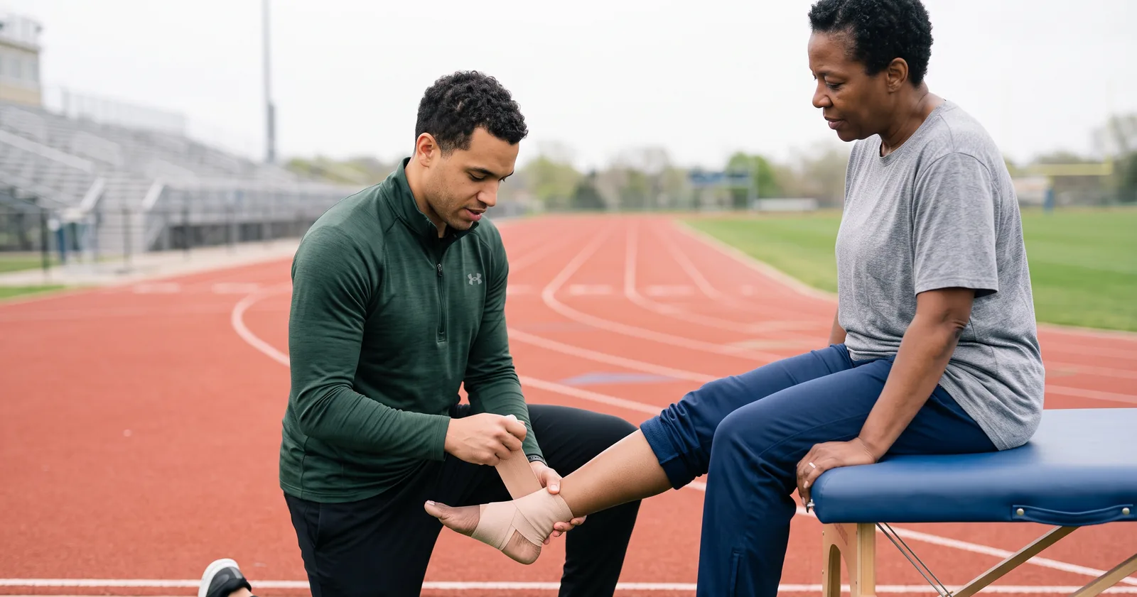 Clinician taping an athlete's ankle trackside